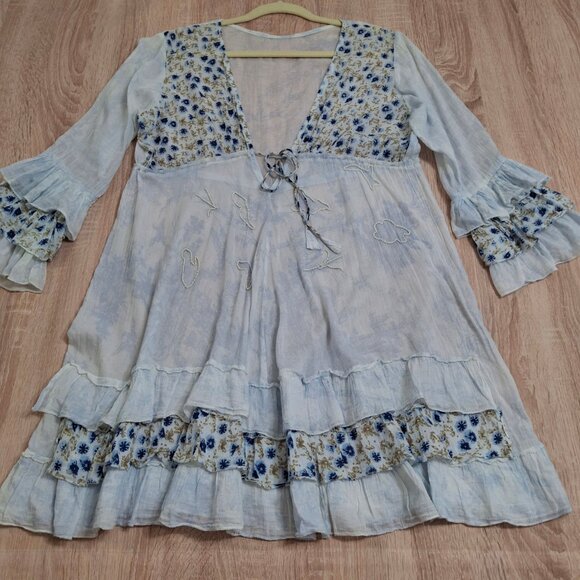 Boho Peasant Dress Beachy Ruffles Size L Beaded Empire Waist ¾ Riffled Sleeves - Picture 3 of 12